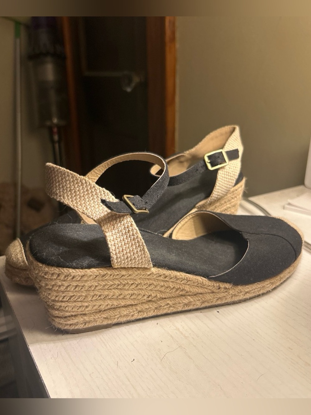 Women’s Black Espadrille Wedge Sandals with Natural Straps